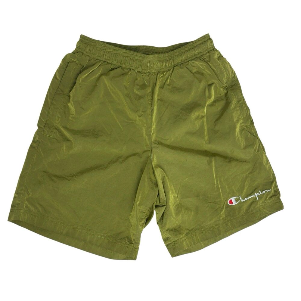 Champion Shorts Nylon Sz Small Lime Green Holographic Y2K Spellout Mesh Lined
